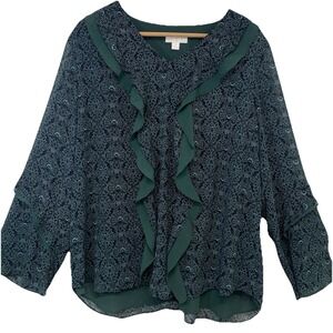 Belle by Kim Gravel Ruffle Front Blouse  Green Print Pop Over XL Long Sleeve